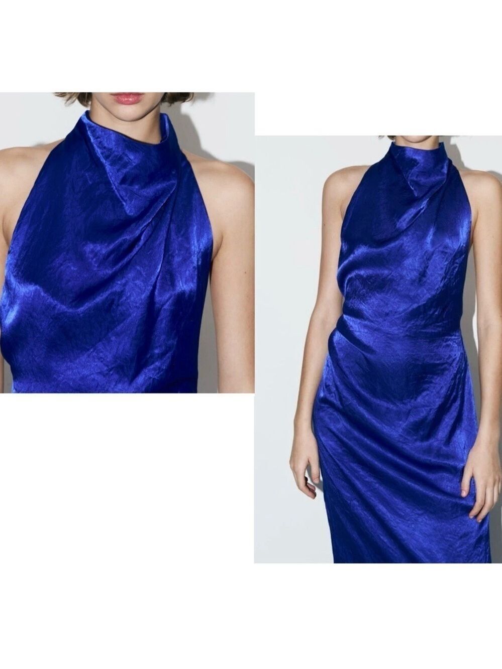 Zara women collection blue wrinkle satin effect open back halter top maxi dress - Picture 2 of 14